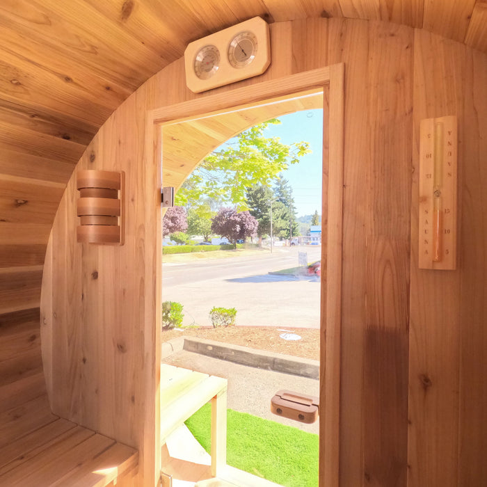 Aleko Outdoor/Indoor Red Cedar Wet/Dry Barrel Sauna - Front Porch Canopy with Panoramic View - Bitumen Shingle Roofing - 8 kW UL Certified KIP Harvia Heater - 6-8 Person
