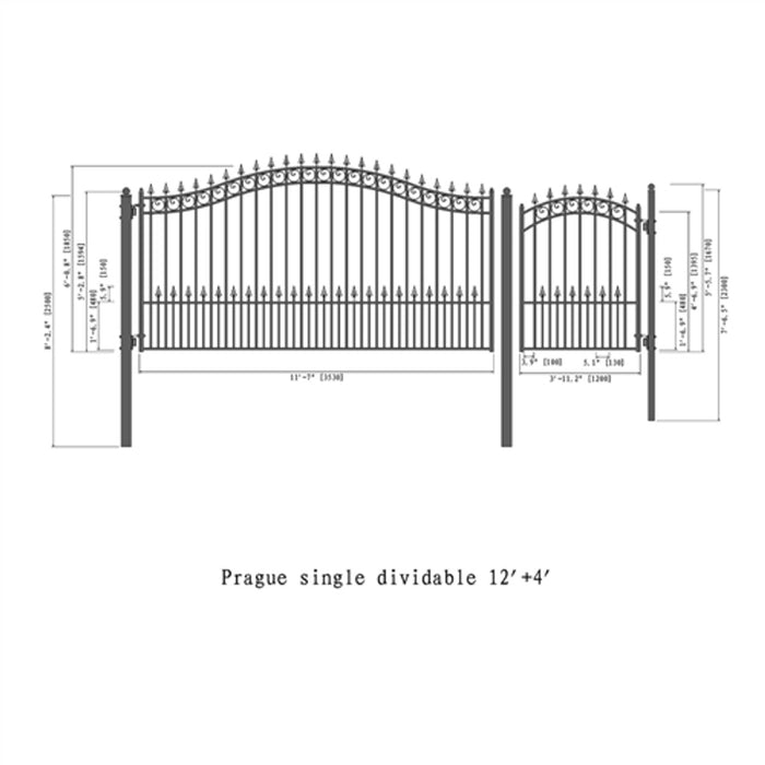 Aleko Steel Single Swing Driveway Gate - PRAGUE Style - 12 ft with Pedestrian Gate - 5 ft   SET12X4PRAS-AP