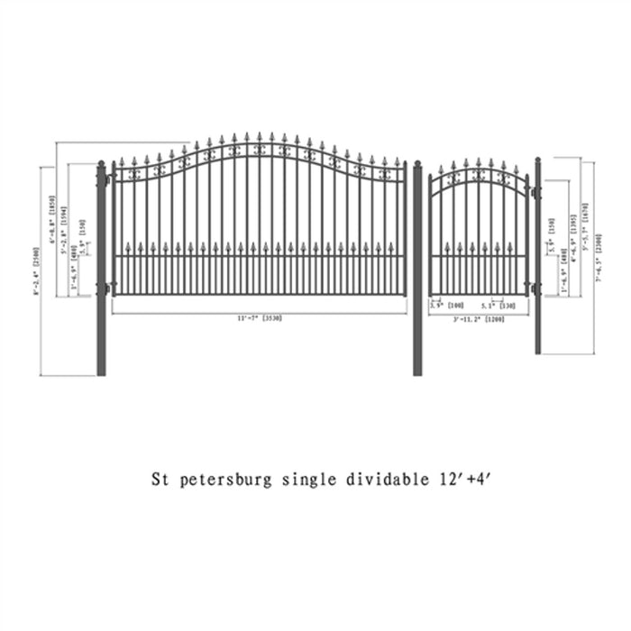 Aleko Steel Single Swing Driveway Gate - ST.LOUIS Style - 12 ft with Pedestrian Gate - 5 ft    SET12X4STPS-AP