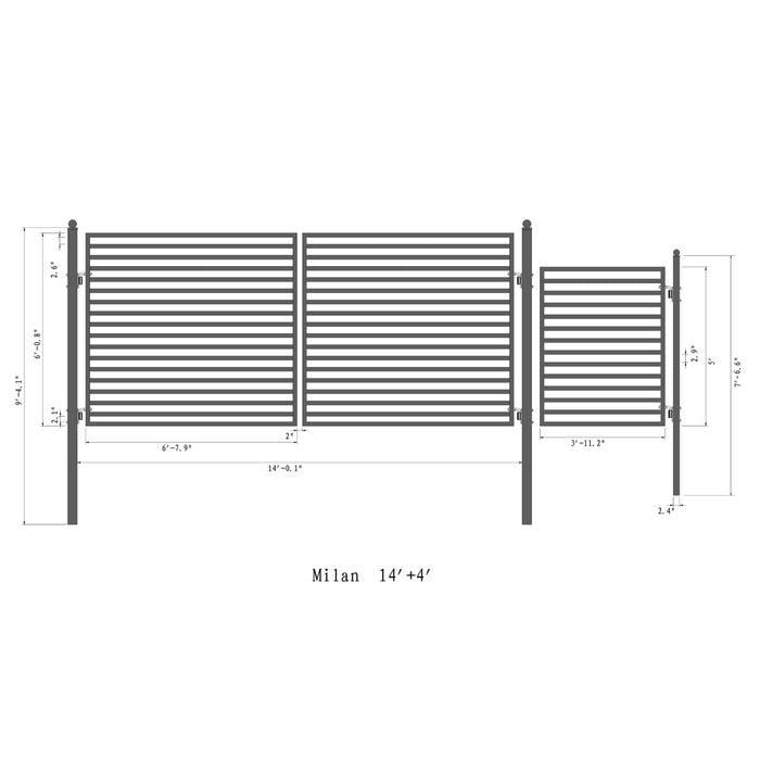 Aleko Steel Dual Swing Driveway Gate - MILAN Style - 14 ft with Pedestrian Gate - 5 ft  SET14x4MILD-AP