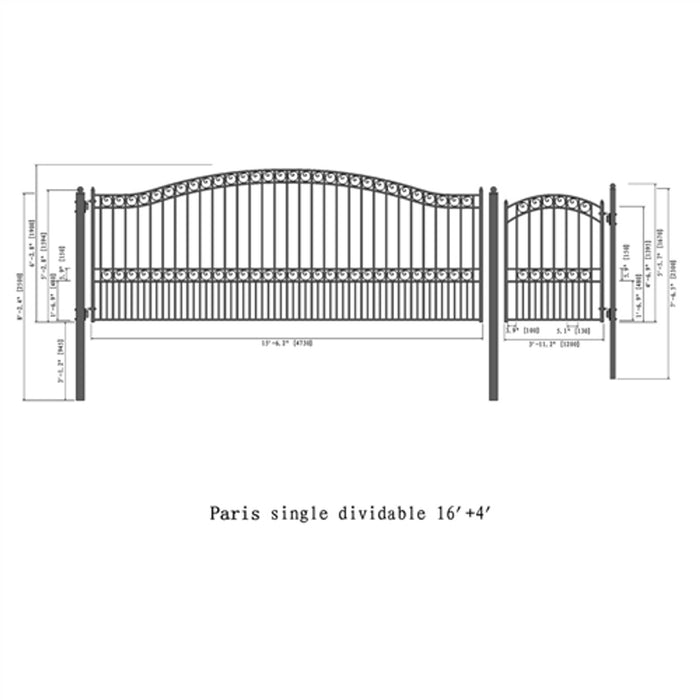 Aleko Steel Single Swing Driveway Gate - PARIS Style - 16 ft with Pedestrian Gate - 5 ft   SET16X4PARS-AP