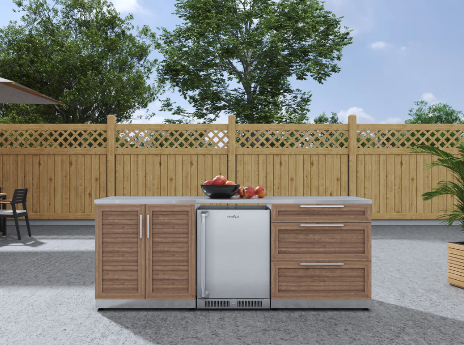 NewAge Modular Outdoor Kitchen Cabinets 5 Piece Stainless Steel Grove Outdoor Kitchen Island Cabinet Set with 3-Drawer Cabinet, 2-Door Cabinet, Stainless Steel Countertops, Stainless Steel Undercounter Refrigerator 67586