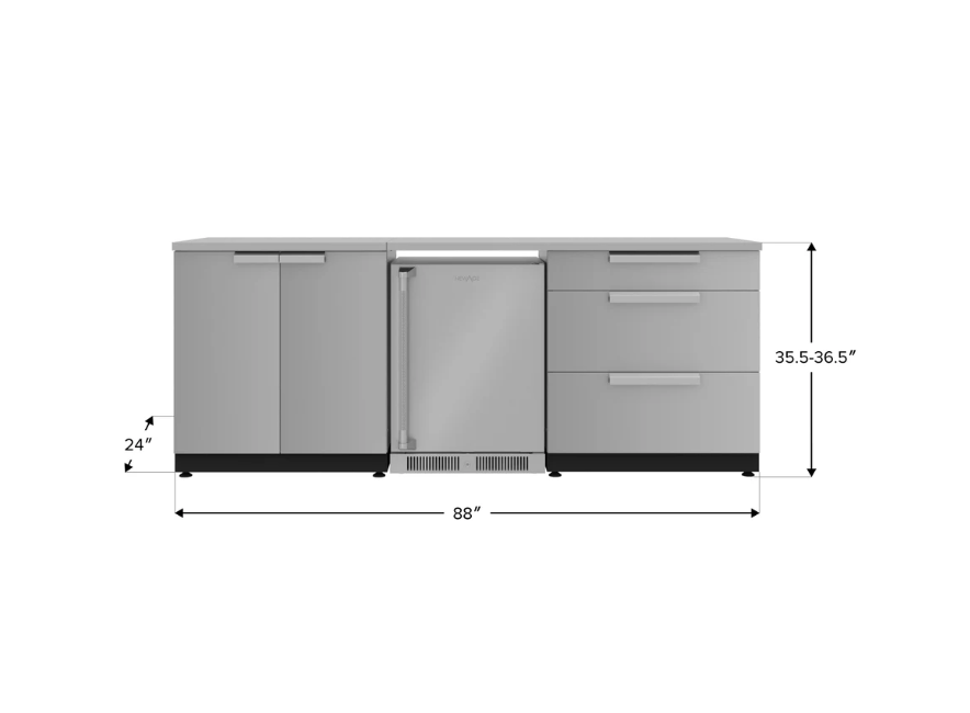 NewAge Modular Outdoor Kitchen Cabinets 5 Piece Stainless Steel Grove Outdoor Kitchen Island Cabinet Set with 3-Drawer Cabinet, 2-Door Cabinet, Stainless Steel Countertops, Stainless Steel Undercounter Refrigerator 67586