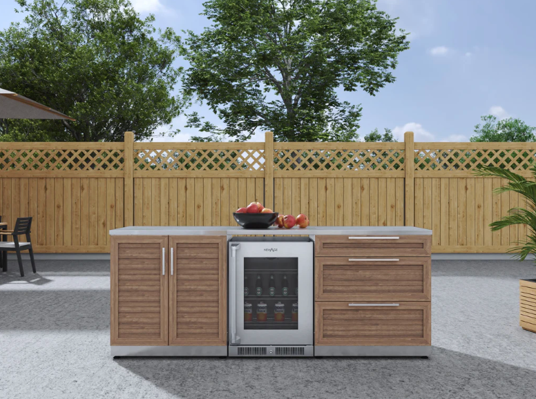 NewAge Modular Outdoor Kitchen Cabinets 5 Piece Stainless Steel Grove Outdoor Kitchen Island Cabinet Set with 3-Drawer Cabinet, 2-Door Cabinet, Stainless Steel Countertops, Stainless Steel Undercounter Refrigerator 67586