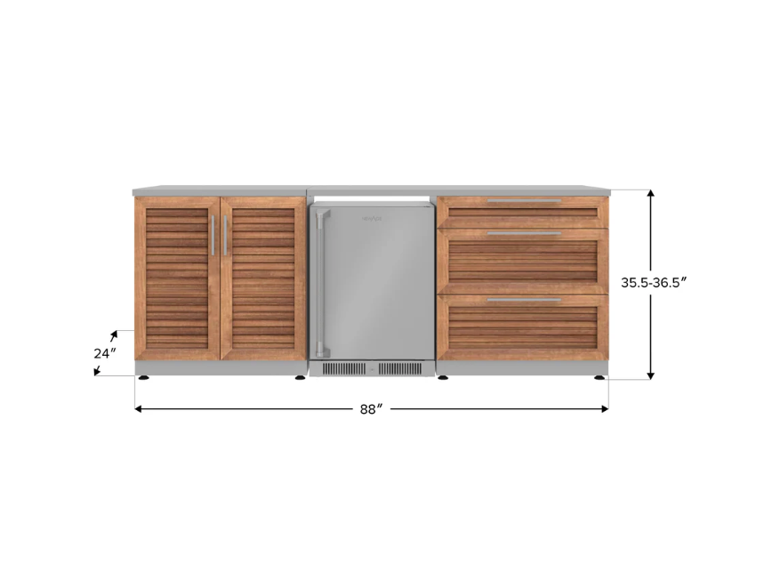 NewAge Modular Outdoor Kitchen Cabinets 5 Piece Stainless Steel Grove Outdoor Kitchen Island Cabinet Set with 3-Drawer Cabinet, 2-Door Cabinet, Stainless Steel Countertops, Stainless Steel Undercounter Refrigerator 67586