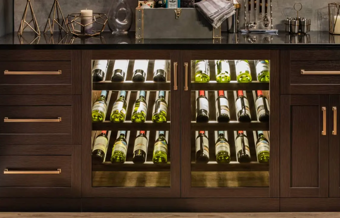 NewAge Wall Bar Cabinet Wine Cabinet Set with Glass Beverage Display Base Cabinet, Floating Display Shelf, Hanging Stemware Shelf, Glass Short Wall Display Cabinet - 8 Piece Home Dry Bar Wine Storage Cabinet Set 62539