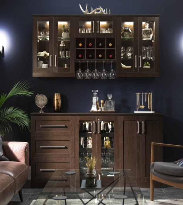 NewAge Wall Bar Cabinet Wine Cabinet Set with Short Glass Wall Display Cabinet, Base Wine Rack Cabinet, Base Storage Cabinet - 4 Piece Home Dry Bar Wine Storage Cabinet Set 62532