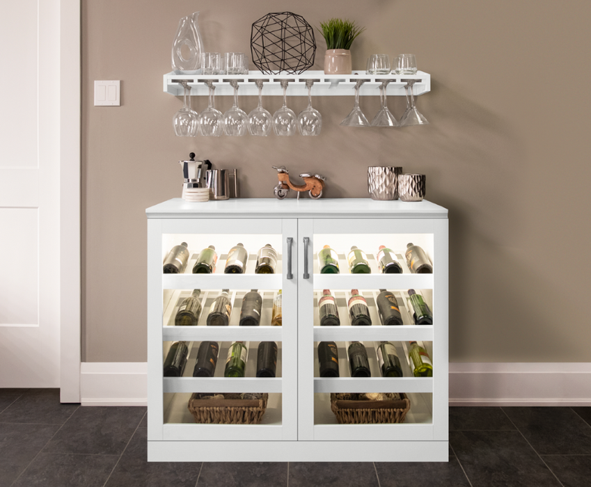 NewAge Wall Bar Cabinet Wine Cabinet Set with Glass Beverage Display Base Cabinet, Floating Display Shelf, Hanging Stemware Shelf - 3 Piece Home Entertainment Bar Cabinet Wine Storage Beverage Center 62617