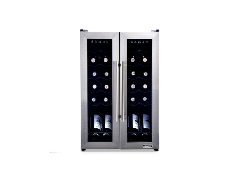 Newair 24 Bottle Stainless Steel French Door Dual Zone Wine Refrigerator with Double-Layer Tempered Glass Door and Quiet Compressor Cooling 20" NWC024SSD0