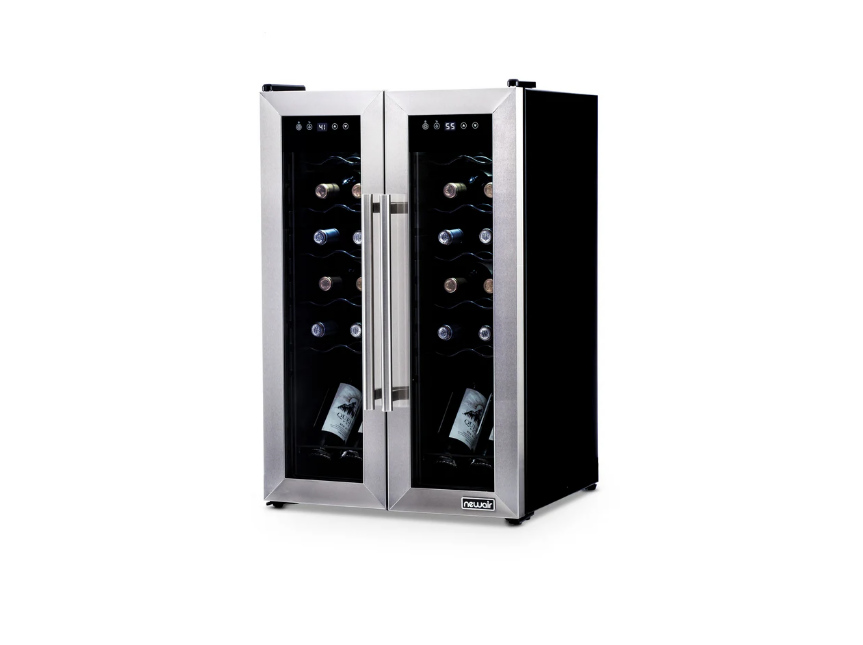 Newair 24 Bottle Stainless Steel French Door Dual Zone Wine Refrigerator with Double-Layer Tempered Glass Door and Quiet Compressor Cooling 20" NWC024SSD0