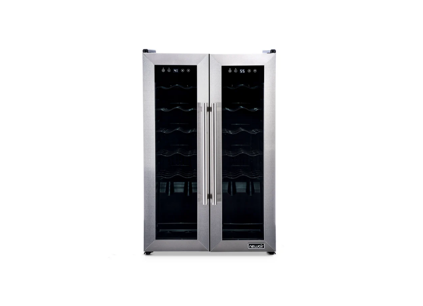 Newair 24 Bottle Stainless Steel French Door Dual Zone Wine Refrigerator with Double-Layer Tempered Glass Door and Quiet Compressor Cooling 20" NWC024SSD0