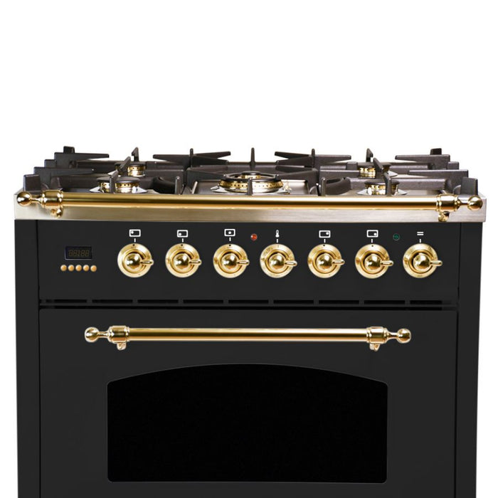 HALLMAN INDUSTRIES 30 in. Single Oven Dual Fuel Italian Range, Brass Trim in Glossy Black  Sku HDFR30BSGB