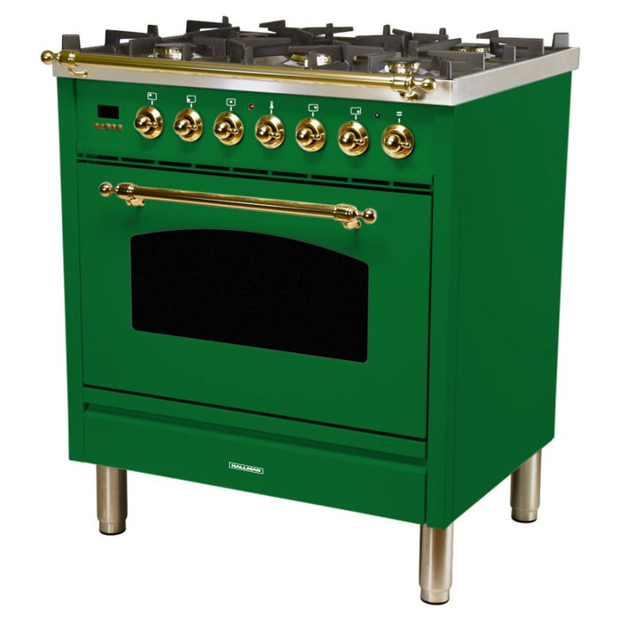 HALLMAN INDUSTRIES 30 in. Single Oven Dual Fuel Italian Range, Brass Trim in Emerald Green   Sku HDFR30BSGN