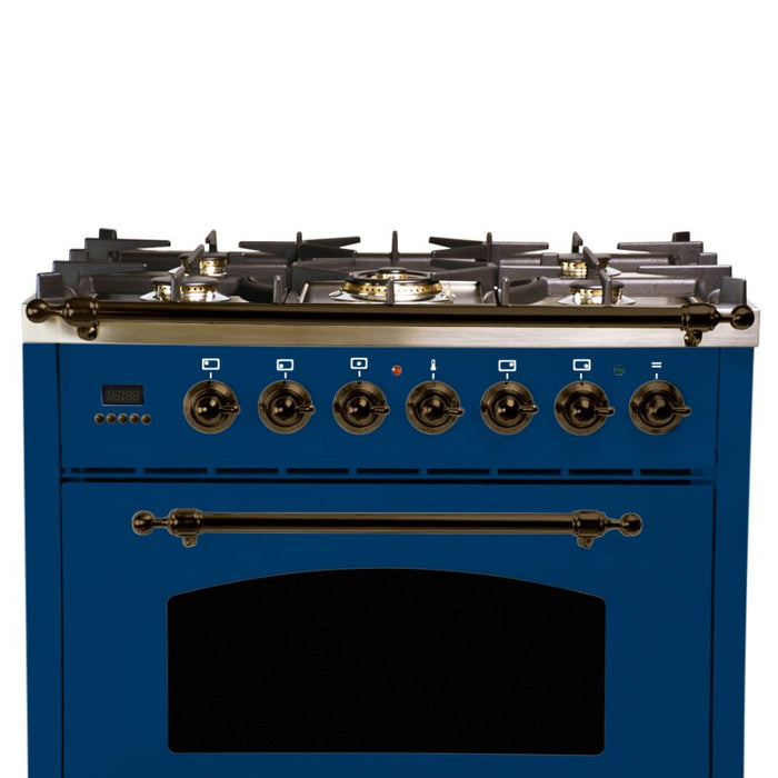 HALLMAN INDUSTRIES 30 in. Single Oven Dual Fuel Italian Range, LP Gas, Bronze Trim in Blue  Sku HDFR30BZBULP