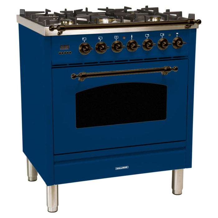 HALLMAN INDUSTRIES 30 in. Single Oven Dual Fuel Italian Range, LP Gas, Bronze Trim in Blue  Sku HDFR30BZBULP