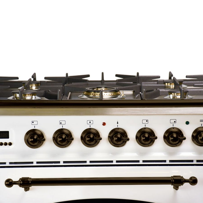 HALLMAN INDUSTRIES 30 in. Single Oven Dual Fuel Italian Range, LP Gas, Bronze Trim in White   Sku HDFR30BZWTLP