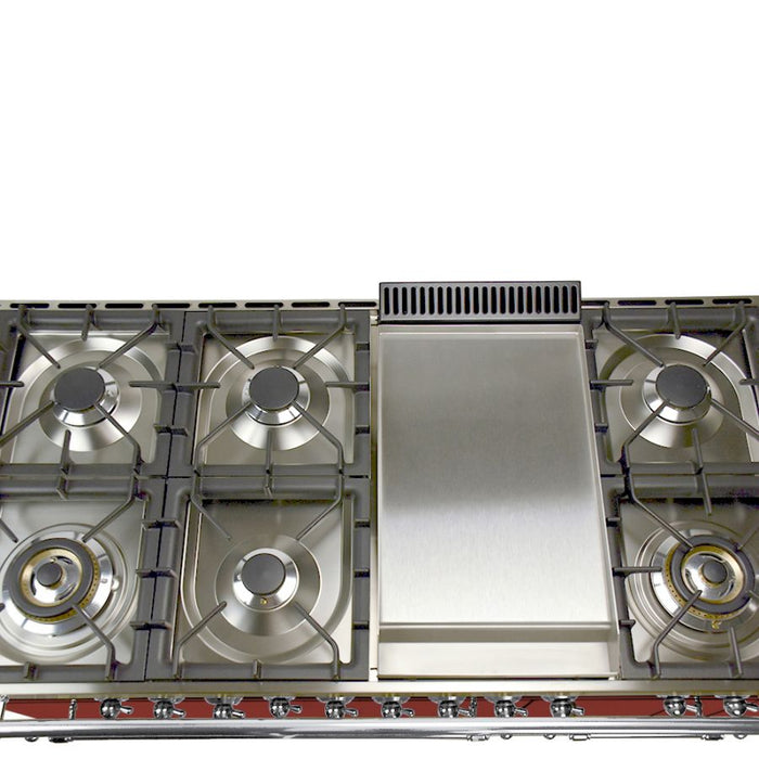 HALLMAN INDUSTRIES 48 in. Double Oven Dual Fuel Italian Range, LP Gas, Chrome Trim in Burgundy   Sku HDFR48CMBGLP