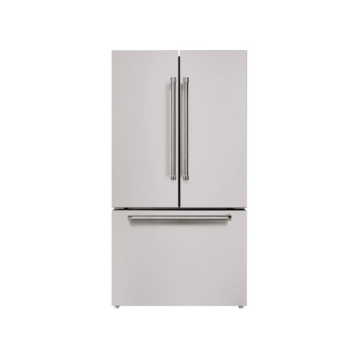 HALLMAN INDUSTRIES 36" Freestanding French Door, Counter Depth Refrigerator 14.2 Cu. Ft. with Bottom Freezer 6.1 Cu. Ft. with Automatic Ice Maker in Stainless Steel with Bold Chrome Handles  Sku HRFSFDBM36SS