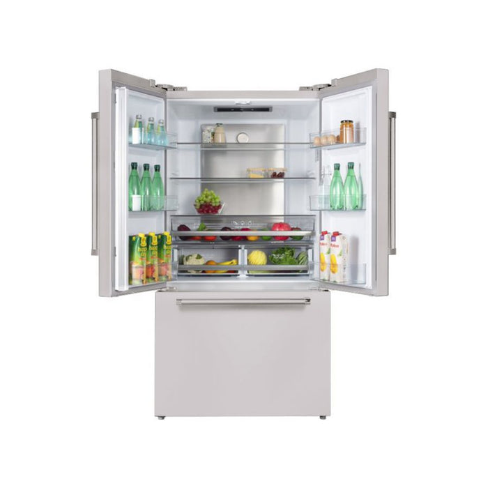 HALLMAN INDUSTRIES 36" Freestanding French Door, Counter Depth Refrigerator 14.2 Cu. Ft. with Bottom Freezer 6.1 Cu. Ft. with Automatic Ice Maker in Stainless Steel with Bold Chrome Handles  Sku HRFSFDBM36SS