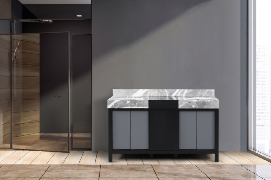 Lexora Zilara 60" Black and Grey Double Vanity, Castle Grey Marble Tops, and White Square Sinks
