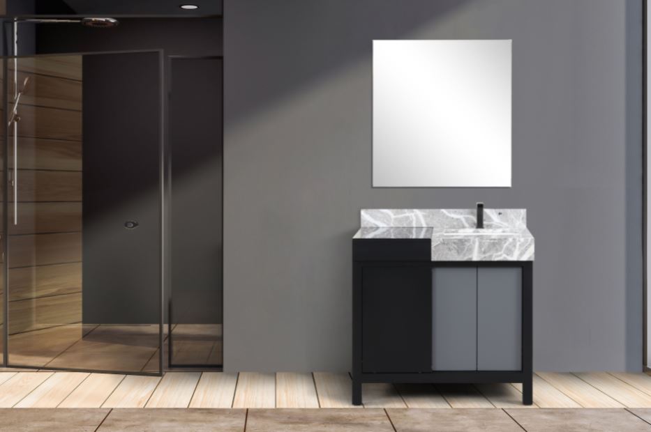 Lexora Zilara 42" Black and Grey Vanity, Castle Grey Marble Top, White Square Sink, and 34" Frameless Mirror