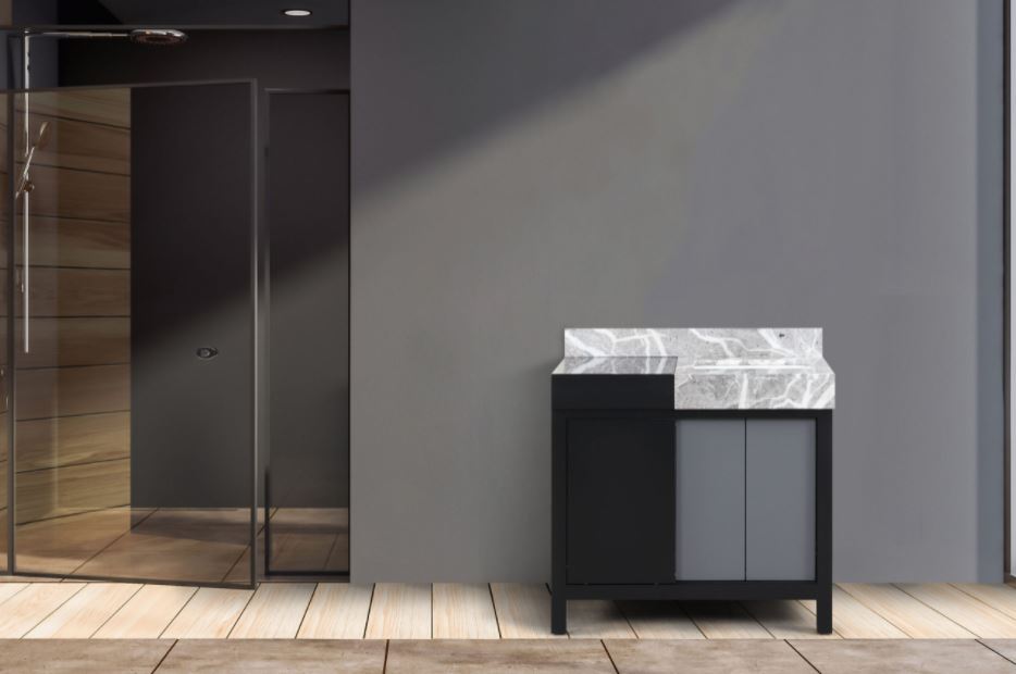 Lexora Zilara 36" Black and Grey Double Vanity, Castle Grey Marble Tops, and White Square Sinks