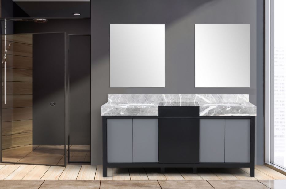 Lexora Zilara 72" Black and Grey Double Vanity, Castle Grey Marble Tops, White Square Sinks, and 28" Frameless Mirrors