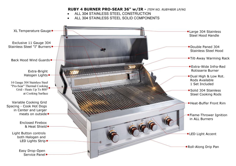 Sunstone Metal Products Ruby Gas Grills - 5 Burner 42" Ruby Drop in Gas Grills w/ IR