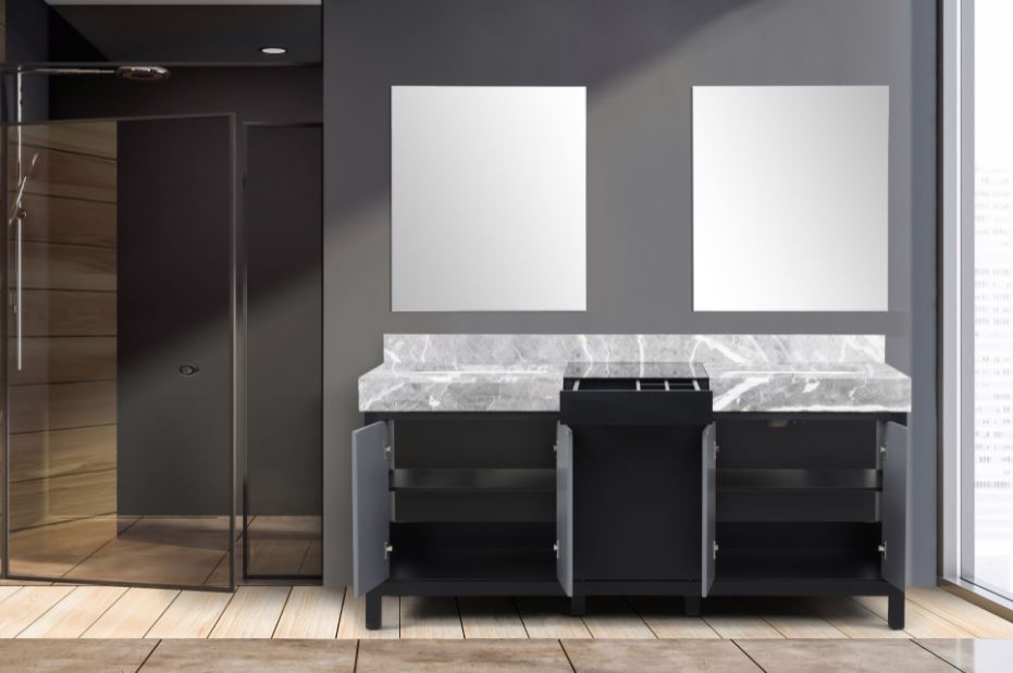 Lexora Zilara 72" Black and Grey Double Vanity, Castle Grey Marble Tops, White Square Sinks, and 28" Frameless Mirrors