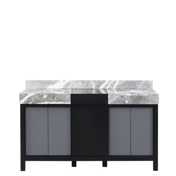 Lexora Zilara 60" Black and Grey Double Vanity, Castle Grey Marble Tops, and White Square Sinks