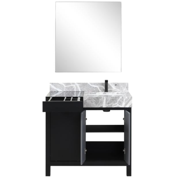 Lexora Zilara 42" Black and Grey Vanity, Castle Grey Marble Top, White Square Sink, and 34" Frameless Mirror