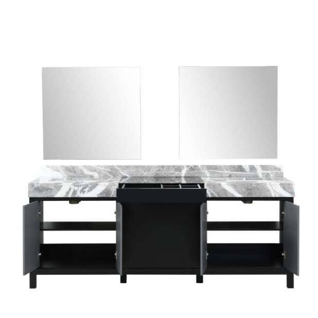 Lexora Zilara 84" Black and Grey Double Vanity, Castle Grey Marble Tops, White Square Sinks, and 34" Frameless Mirrors