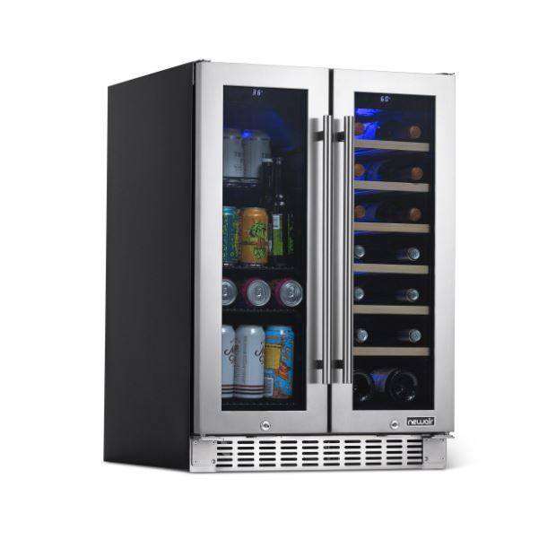 Newair 24” Premium Built-in Dual Zone 18 Bottle and 58 Can French Door Wine and Beverage Fridge in Stainless Steel with SplitShelf™ and Beech Wood Shelves