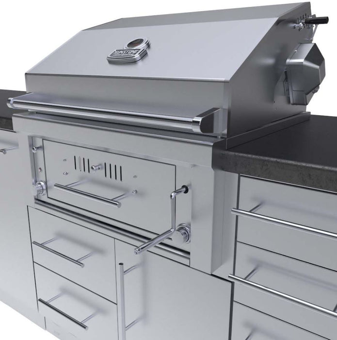 Sunstone Metal Products ALAMO 9’ Hybrid Gas Charcoal Wood Burning Grill island package with Dry Storage Cabinet & Ample Storage SCPALAMO