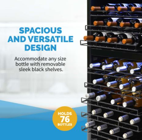Newair Freestanding 76 Bottle Dual Zone Wine Fridge with Low-Vibration Ultra-Quiet Inverter Compressor and Adjustable Racks