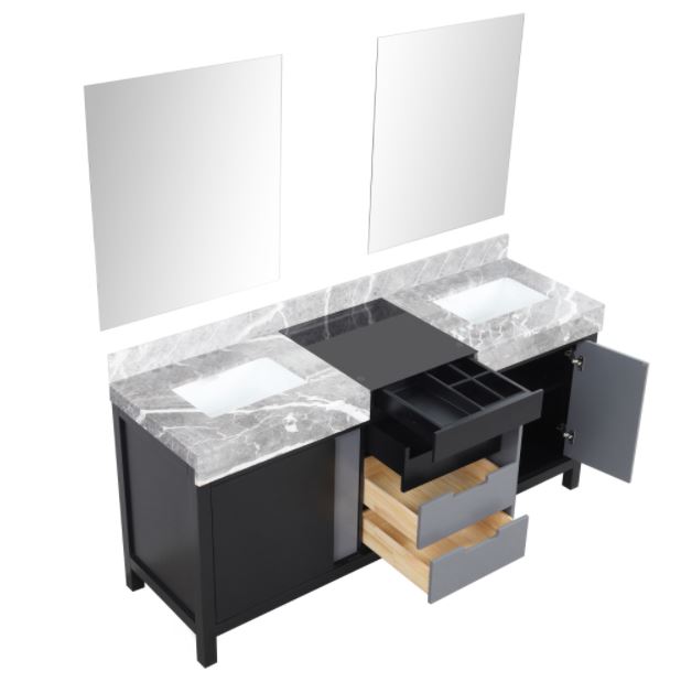 Lexora Zilara 72" Black and Grey Double Vanity, Castle Grey Marble Tops, White Square Sinks, and 28" Frameless Mirrors