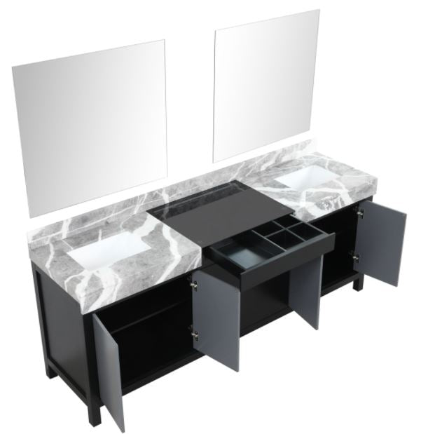 Lexora Zilara 84" Black and Grey Double Vanity, Castle Grey Marble Tops, White Square Sinks, and 34" Frameless Mirrors