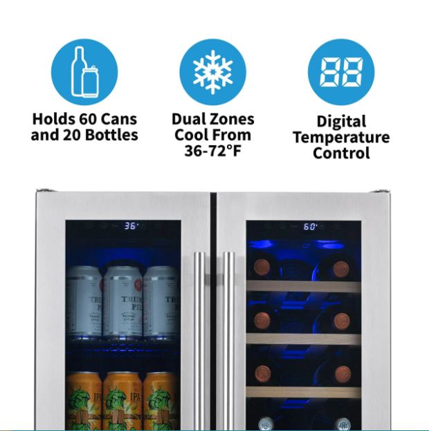 Newair 24” Premium Built-in Dual Zone 18 Bottle and 58 Can French Door Wine and Beverage Fridge in Stainless Steel with SplitShelf™ and Beech Wood Shelves
