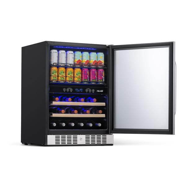 Newair 24” Built-in Dual Zone 20 Bottle and 70 Can Wine and Beverage Fridge in Stainless Steel with SplitShelf™ and Smooth Rolling Shelves