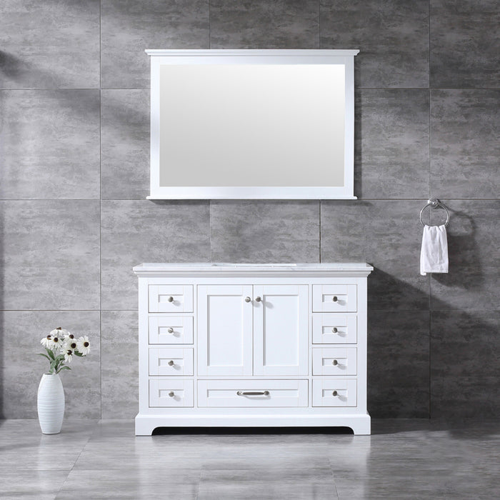 Lexora Dukes 48" White Single Vanity, White Carrara Marble Top, White Square Sink and 46" Mirror