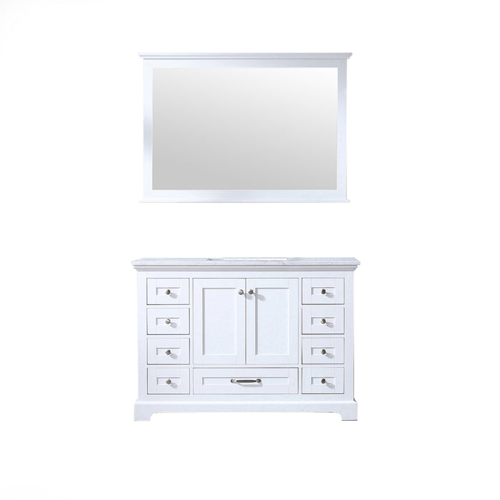 Lexora Dukes 48" White Single Vanity, White Carrara Marble Top, White Square Sink and 46" Mirror