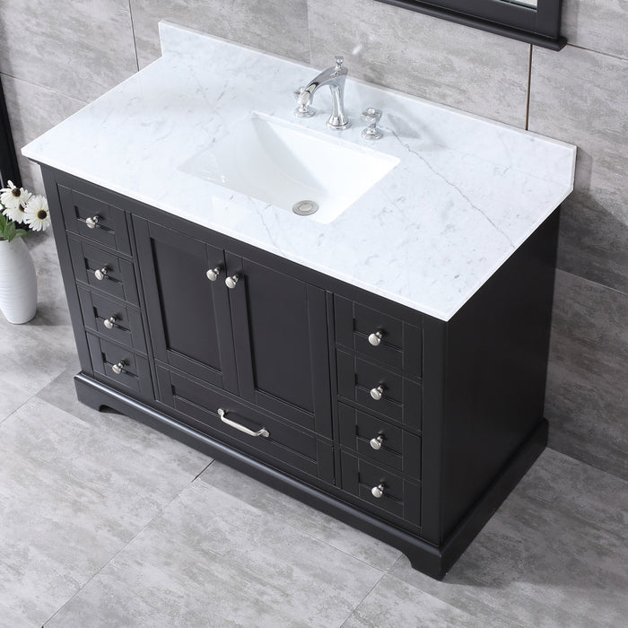 Lexora Dukes 48" Espresso Single Vanity, White Carrara Marble Top, White Square Sink and 46" Mirror