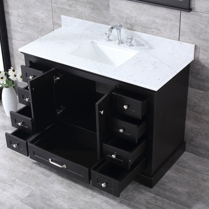 Lexora Dukes 48" Espresso Single Vanity, White Carrara Marble Top, White Square Sink and 46" Mirror