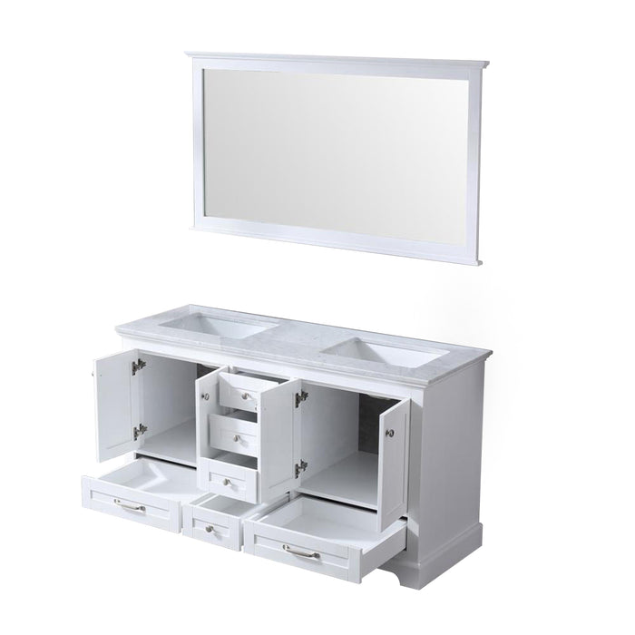 Lexora Dukes 60" White Double Vanity, White Carrara Marble Top, White Square Sinks and 58" Mirror