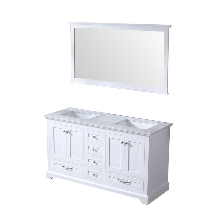 Lexora Dukes 60" White Double Vanity, White Carrara Marble Top, White Square Sinks and 58" Mirror