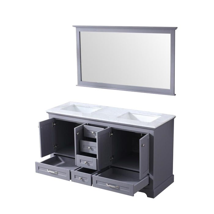 Lexora Dukes 60" Dark Grey Double Vanity, White Carrara Marble Top, White Square Sinks and 58" Mirror