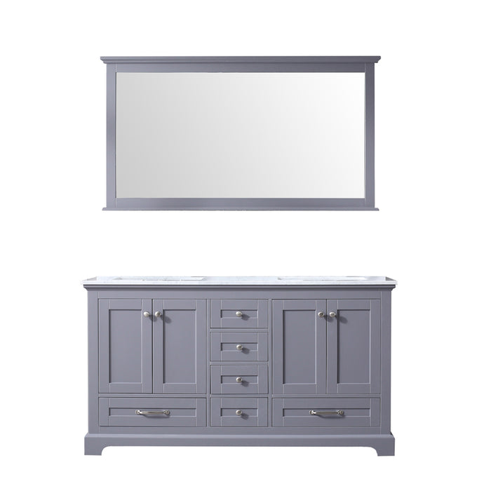 Lexora Dukes 60" Dark Grey Double Vanity, White Carrara Marble Top, White Square Sinks and 58" Mirror