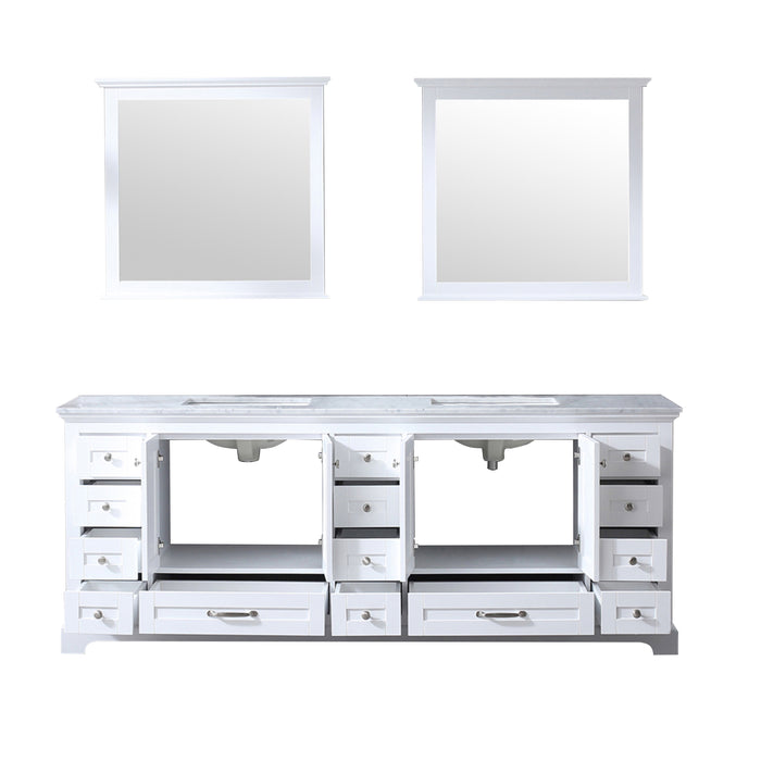 Lexora Dukes 84" White Double Vanity, White Carrara Marble Top, White Square Sinks and 34" Mirrors