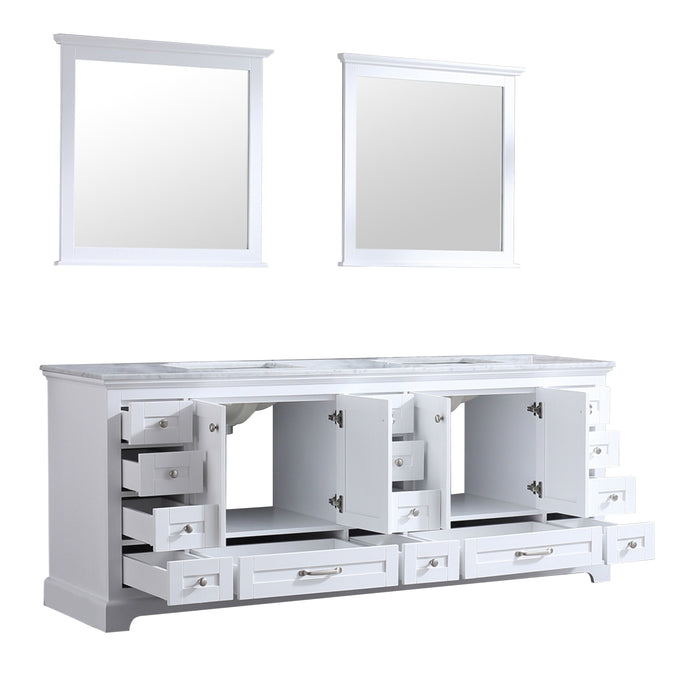 Lexora Dukes 84" White Double Vanity, White Carrara Marble Top, White Square Sinks and 34" Mirrors