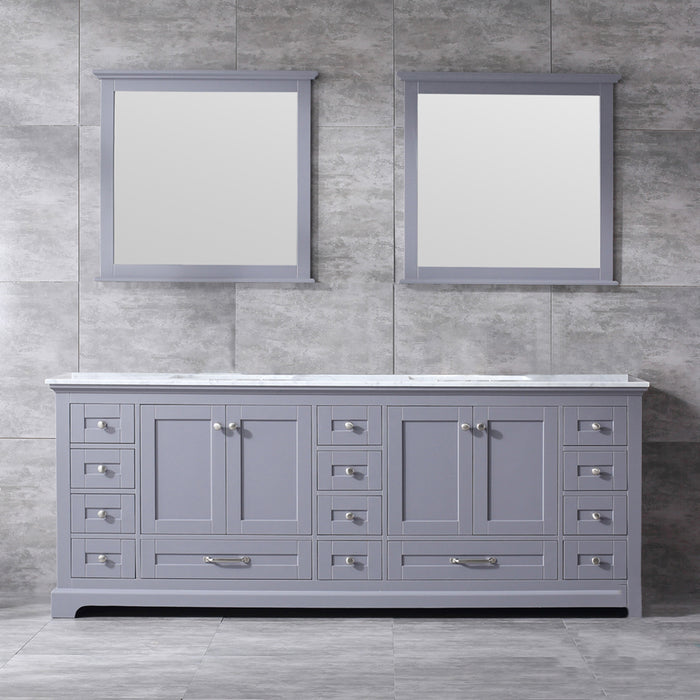 Lexora Dukes 84" Dark Grey Double Vanity, White Carrara Marble Top, White Square Sinks and 34" Mirrors
